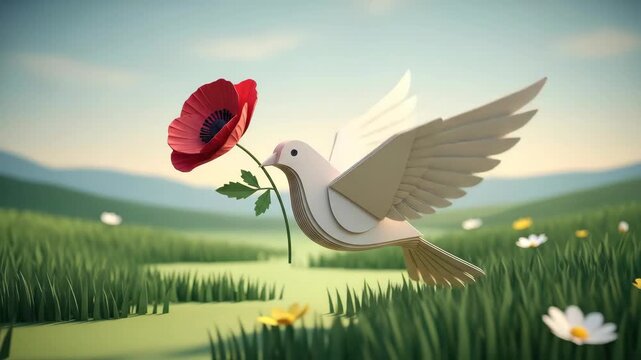 Cartoon dove with poppy flower flying over rolling green hills