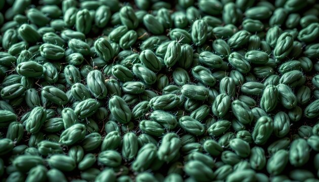 This is an up close photograph of small, green seed pods arranged in a pattern that creates a dense, textured appearance, covering the entire frame from one edge to another.