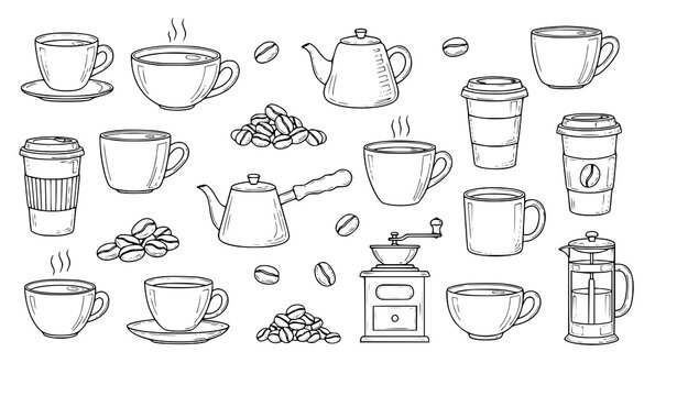Hand drawn coffee doodles set line art cups beans coffee shop vector illustration