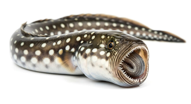 Detailed studio photograph of a spotted aquatic lamprey fish with its distinctive mouth open, captured against a clean white backdrop