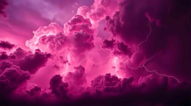 Intense stormy clouds rage in bold pink and shadowy purple shades, fractured by dazzling white lightning bolts tearing through the air with volumetric rays and profound atmospheric haze. 