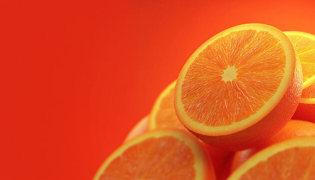 Bright juicy fruity background, oranges drenched in juice. Ripe fresh Orange in halve on bright background. Copy space