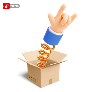 Hand, making a rock sign, popping out of an open cardboard delivery box on a spring. Concept of surprise, prank, unexpected, sudden event. 3D vector illustration. Isolated on white