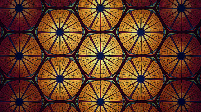 Liver lobule hexagonal architecture &mdash; portal triads and hepatocyte plates as stained-glass mandala. Hepatology art. No labels.