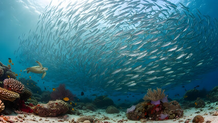Fototapeta premium Large school of shiny fish swim together in ocean near coral reef with sea turtle
