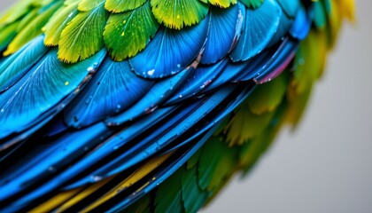 Obraz premium The image showcases a close up view of a colorful collection of bird feathers, densely layered to create a vibrant pattern