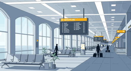 Modern airport departure hall with passengers and flight information board © solikhin