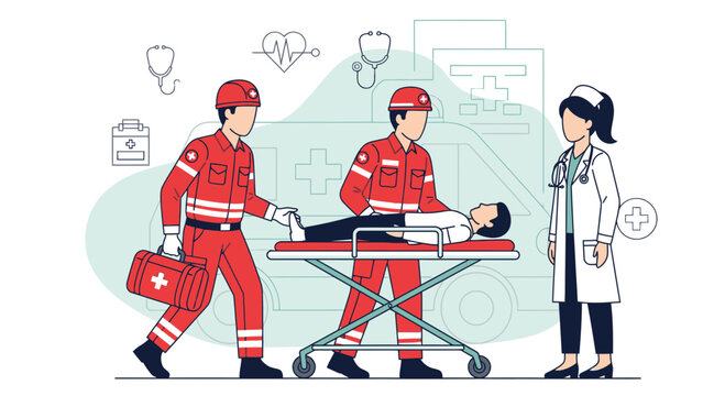 Paramedics Transporting Patient on Stretcher with Doctor and Medical Icons