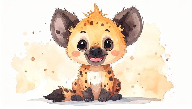 Minimalist watercolor illustration of Cute cartoon hyena hilarity