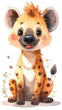 Minimalist watercolor illustration of Cute cartoon hyena hilarity