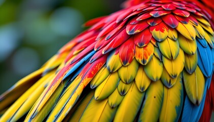Obraz premium The image features a close up view of a bird's colorful feathers, primarily showcasing vibrant shades of red, yellow, blue, and green