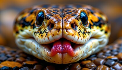 Fototapeta premium The image features a close up view of a brightly colored reptile, likely a snake, with striking blue eyes and intricate patterns on its scales