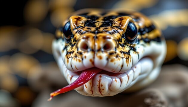A close up of a snake's head shows its detailed scales and striking coloration
