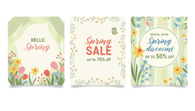 Spring sale banners, hello spring labels, colorful floral discount tags, seasonal advertising cards