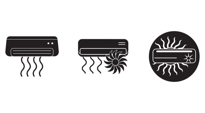 Air conditioner and sun icons with heat and cool air flow graphics  climate control symbols