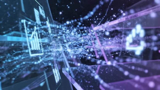 Futuristic digital data stream with glowing particles and financial charts. Abstract big data visualization. Cyber security and cloud computing concept.