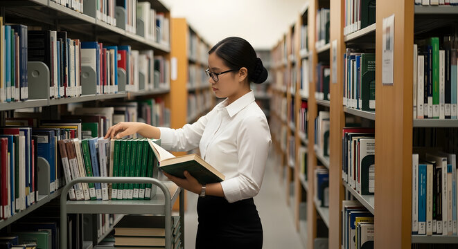 A diligent young woman in glasses carefully selecting a book from a tall shelf in a quiet library aisle. National Library Workers theme.