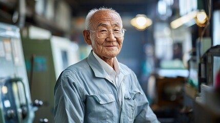 Fototapeta premium Senior technician posing confidently inside manufacturing workshop