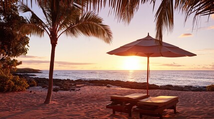 Fototapeta premium Beach umbrella and chaise lounges facing ocean during sunset
