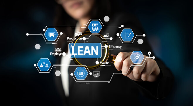 A business professional highlights lean management principles with graphics showcasing efficiency, production, waste reduction, and employee engagement. Tessel