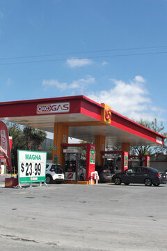 Monterrey, Nuevo Leon, Mexico - Jul 30, 2025: Oxxo Gas, a Mexican gas station chain, offers Magna, Premium, and diesel gasoline and operates through Oxxo convenience stores