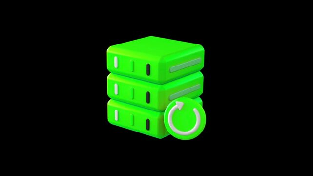 A green 3d rendering of a server with a refresh icon