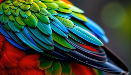 Obraz premium The image features a close up of a colorful bird's feathers, showcasing an array of vibrant hues including green, blue, red, and black
