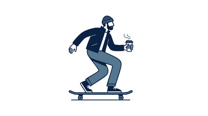 Fototapeta premium Hipster Man Skateboarding with a Hot Cup of Coffee Vector Illustration