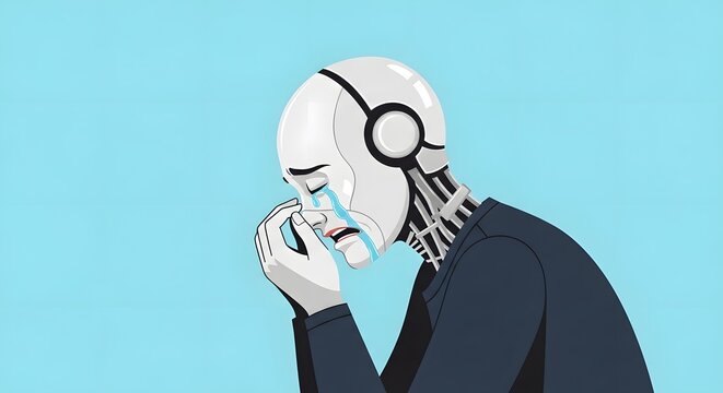 Crying robot head with blue background artificial intelligence sad robot AI robot mental health robotics depressed emotions humanity mechanical technology isolation melancholy distress