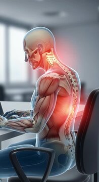 Human body anatomy visualization showing spine and back pain