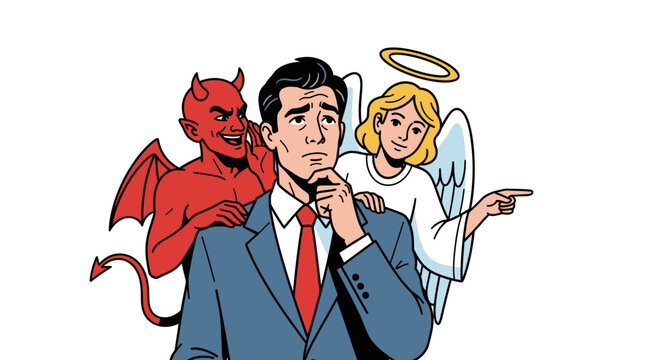 Businessman Making Difficult Decision with Angel and Devil Vector Illustration Concept for Moral Choice and Ethical Dilemma in Professional Business Environment