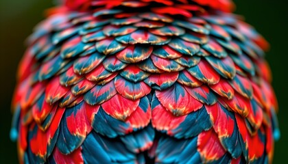 Obraz premium The image showcases a close up view of a bird's plumage with vibrant, overlapping feathers