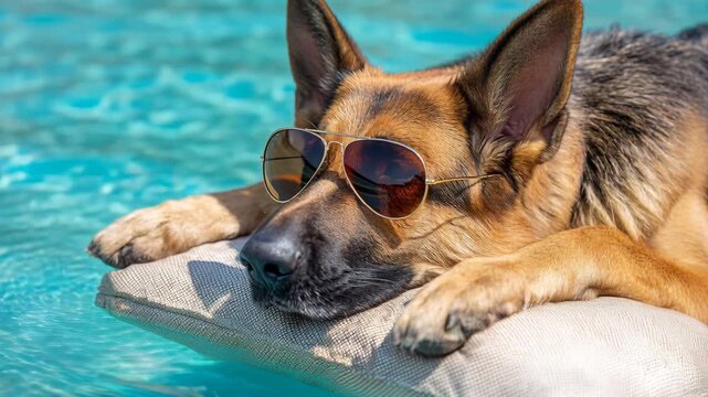 Cool German Shepherd dog wearing sunglasses relaxes on a pool float in clear blue water on a sunny day.