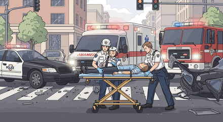 Emergency Responders Assist Injured Person After Traffic Accident on City Street © Il