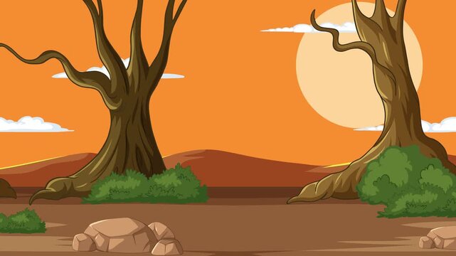 Animated desert landscape at sunset with dead trees, rolling hills, and fluffy clouds moving across the sky.