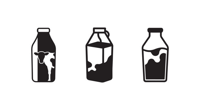Blackandwhite milk bottles with cow designs on white background  dairy product icons