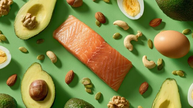Fresh Keto Diet Concept with Salmon and Healthy Ingredients Display