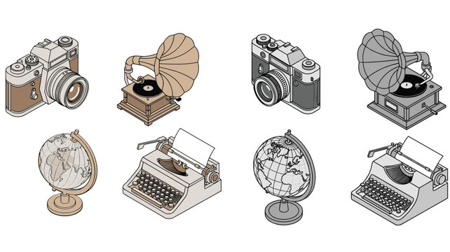 Vintage Icon Set Featuring Cameras, Gramophones, Typewriters, and Globes in Minimalist Line Art Style