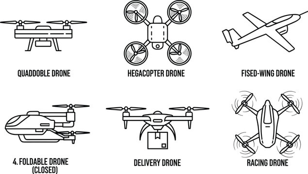 Set of Drone Icons, Including Quadcopter, Hexacopter, Fixed-Wing, Foldable, Delivery, and Racing Drones in Minimalist Line Art Style