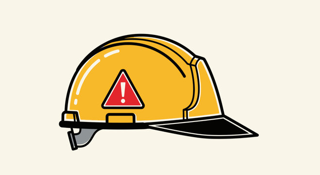 Yellow hard hat with red triangle warning sign, safety symbol, construction concept