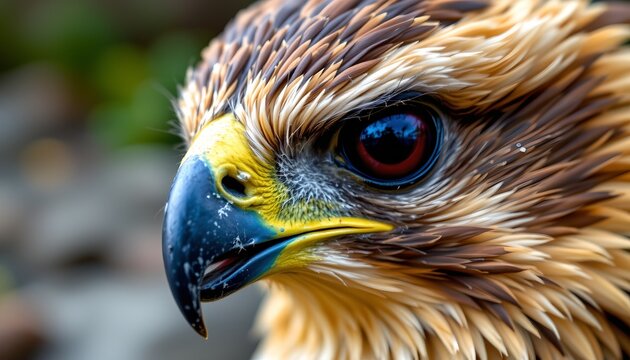 A close up image of a bird of prey showcases its sharp, curved beak and intense, dark eye, which reflects a hint of the surrounding environment