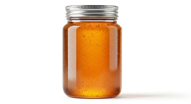 Glass jar filled with golden honey, sealed with a metal lid, isolated on white background