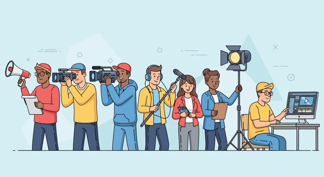 Diverse Media Production Crew Filming and Editing Content