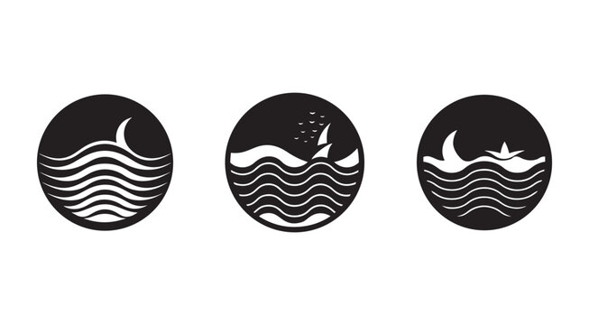 Set of three black and white icons featuring wavy lines and silhouettes of crescent moon and sailboats on water surface  nautical graphic symbols