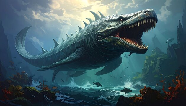 A monstrous sea creature emerges from the depths