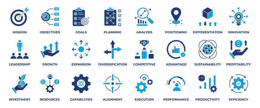 Business Strategy Icon Set. Containing icon mission, objectives, goals, planning, analysis, positioning, investment, innovation, leadership, growth and more. Solid Style Icon Vector Illustration.