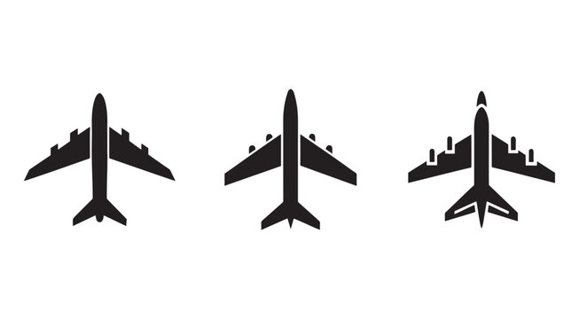 Three black airplane silhouettes in different angles and positions on white background for travel and transportation concepts