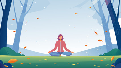 Obraz premium Centered Woman Meditating Among Autumn Leaves Scen