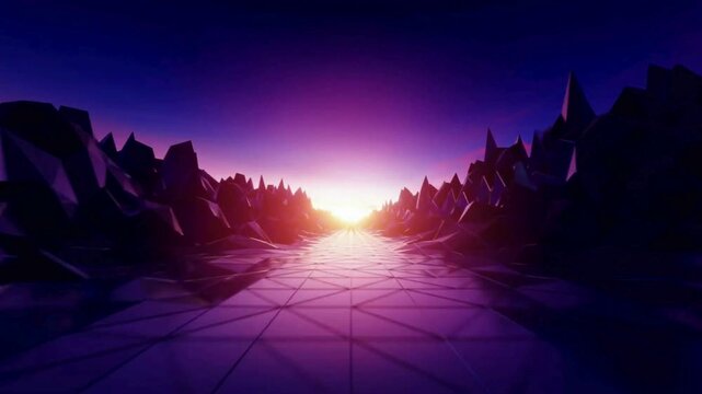 Retrofuturistic landscape with mountains, grid road suitable for futuristic book covers, science fiction websites, and tech presentations.