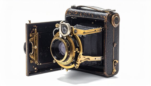Bellows camera with brass fittings extends outward; symbolizing history, precision, and the artistry of early photographic innovation.
